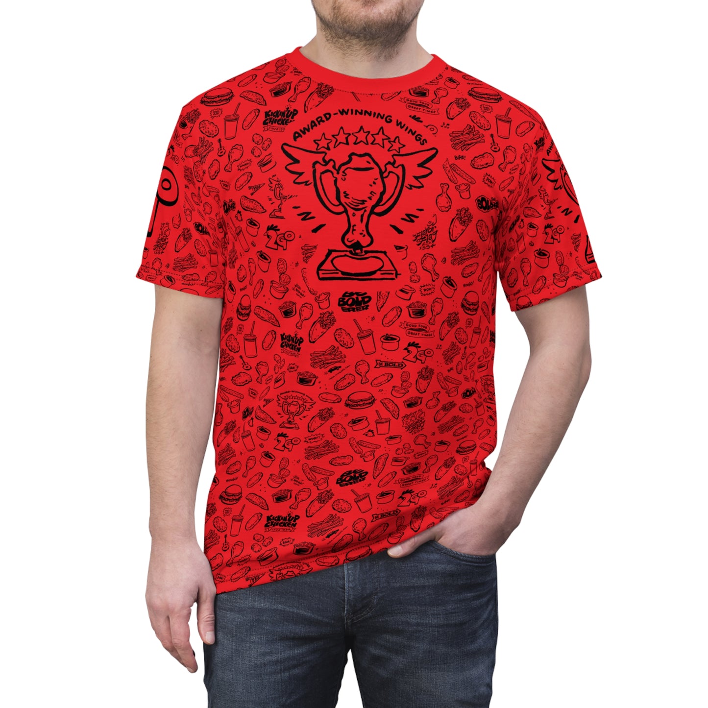 Black on Red "Wings Pattern" Award-Winning Snack Theme Unisex Tee - Fun, Unique Apparel for Food Lovers
