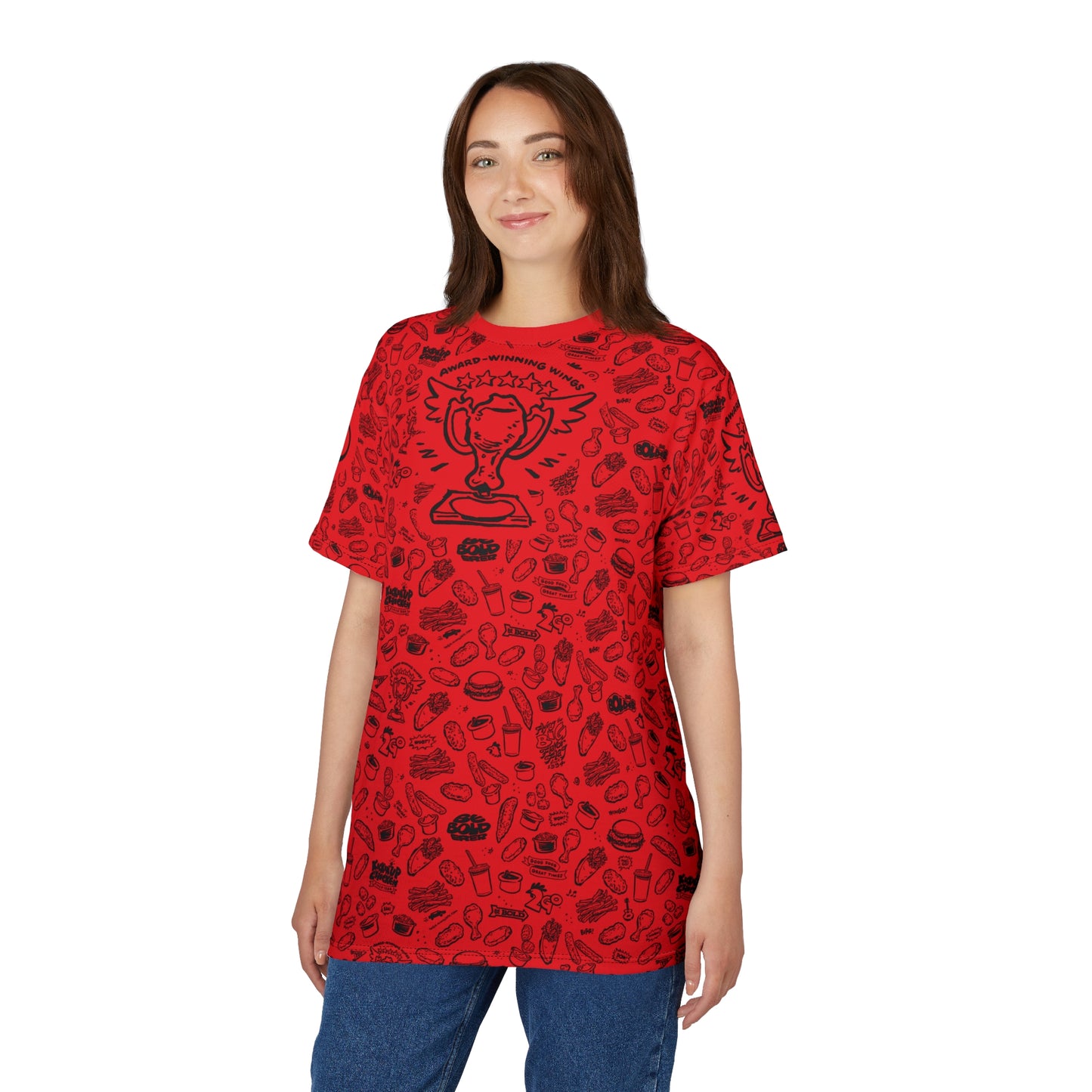 Black on Red "Wings Pattern" Award-Winning Snack Theme Unisex Tee - Fun, Unique Apparel for Food Lovers