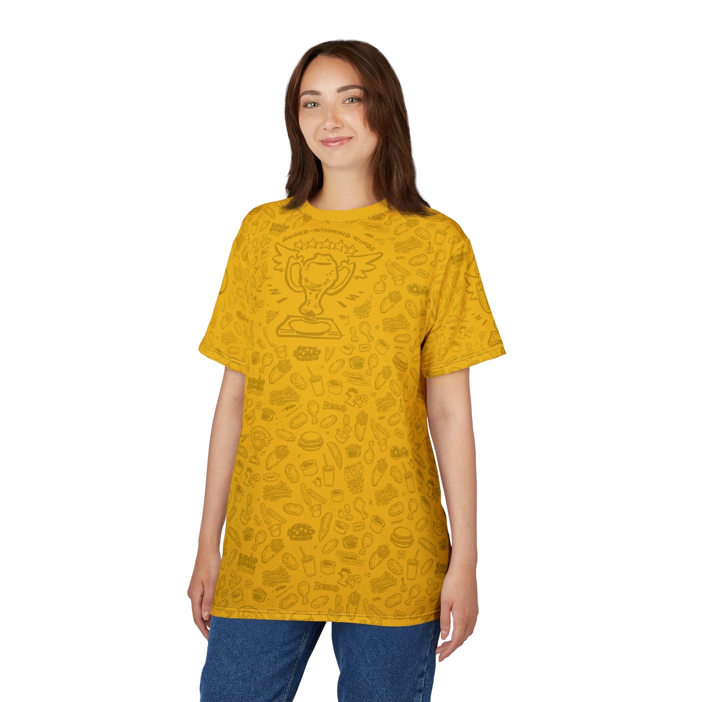 Dark Yellow on Yellow "Wings Pattern" Award-Winning Snack Theme Unisex Tee - Fun, Unique Apparel for Food Lovers