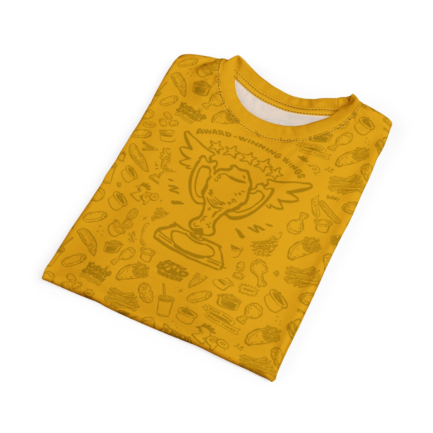 Dark Yellow on Yellow "Wings Pattern" Award-Winning Snack Theme Unisex Tee - Fun, Unique Apparel for Food Lovers