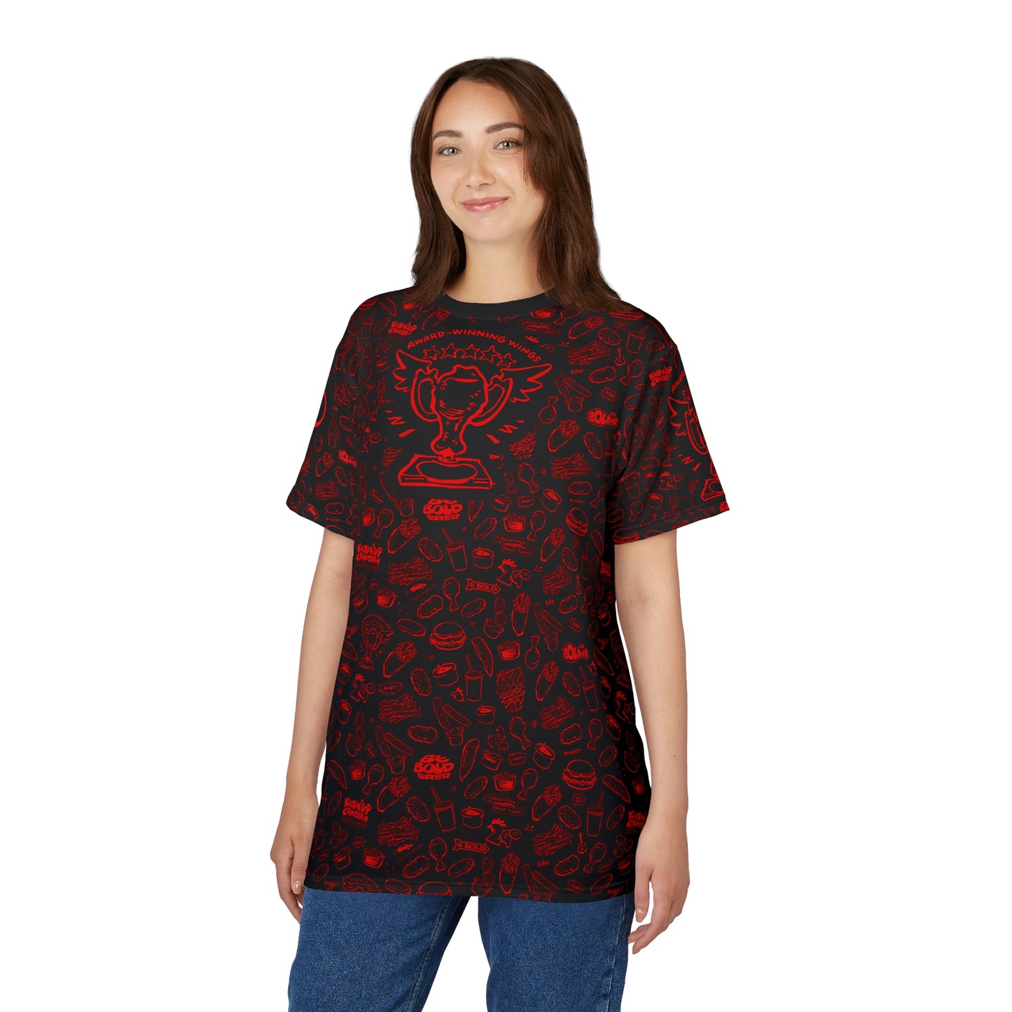 Red on Black "Wings Pattern" Award-Winning Snack Theme Unisex Tee - Fun, Unique Apparel for Food Lovers
