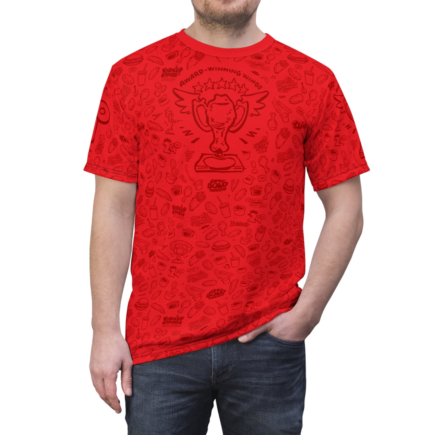 Dark Red on Red "Wings Pattern" Award-Winning Snack Theme Unisex Tee - Fun, Unique Apparel for Food Lovers