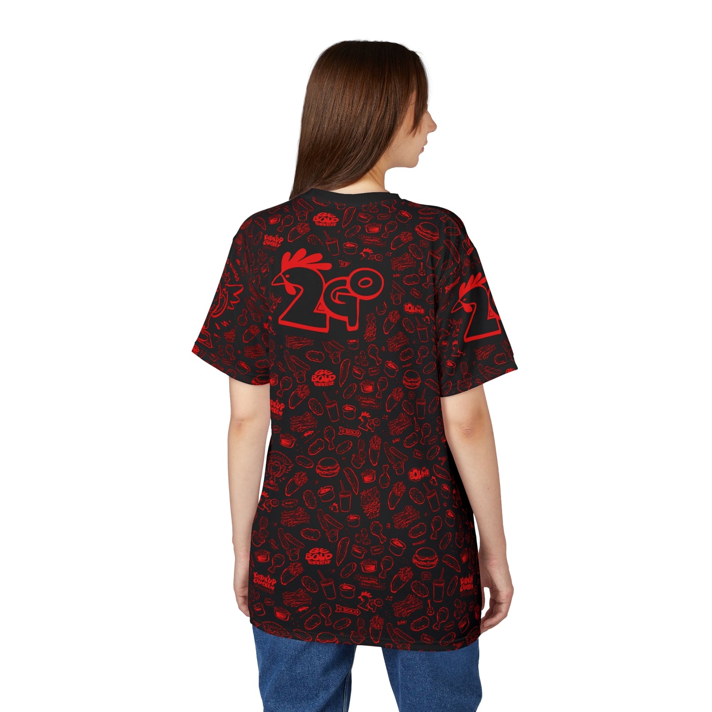 Red on Black "Wings Pattern" Award-Winning Snack Theme Unisex Tee - Fun, Unique Apparel for Food Lovers