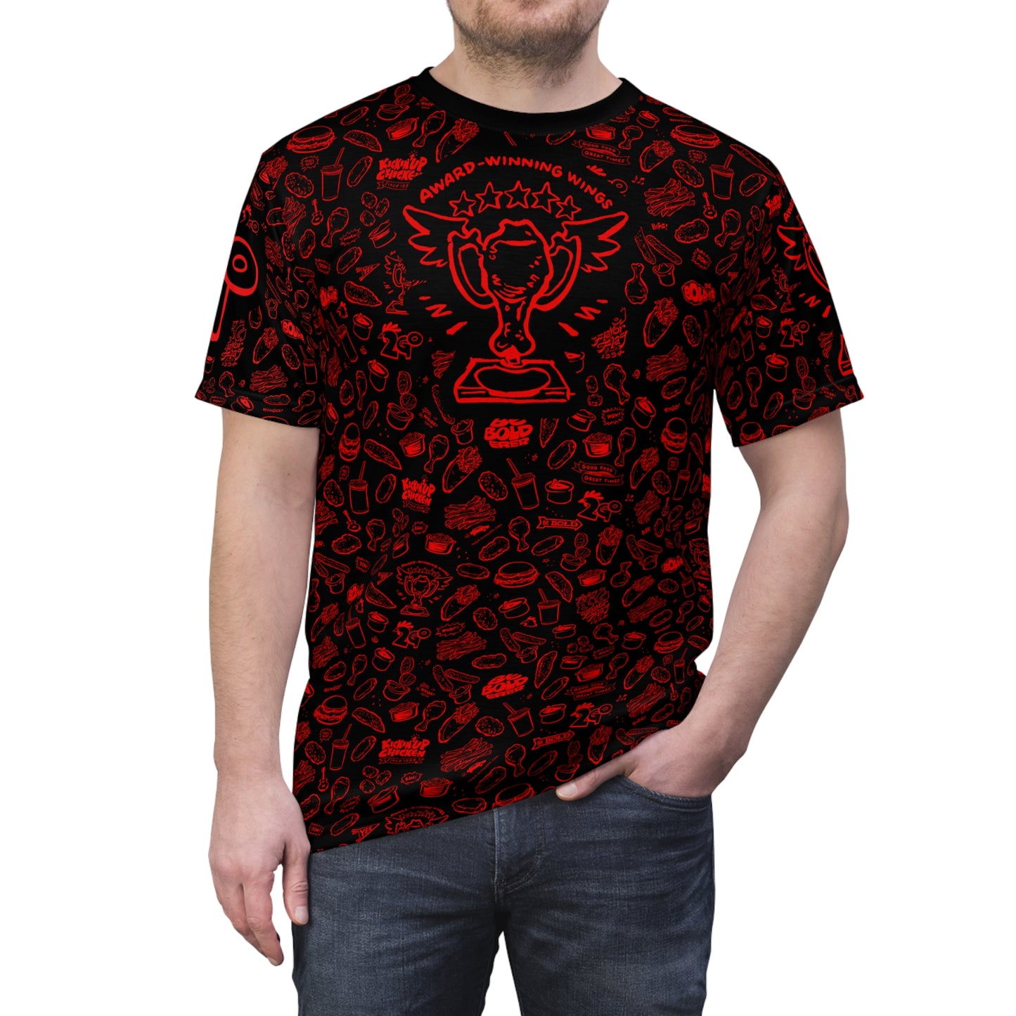 Red on Black "Wings Pattern" Award-Winning Snack Theme Unisex Tee - Fun, Unique Apparel for Food Lovers