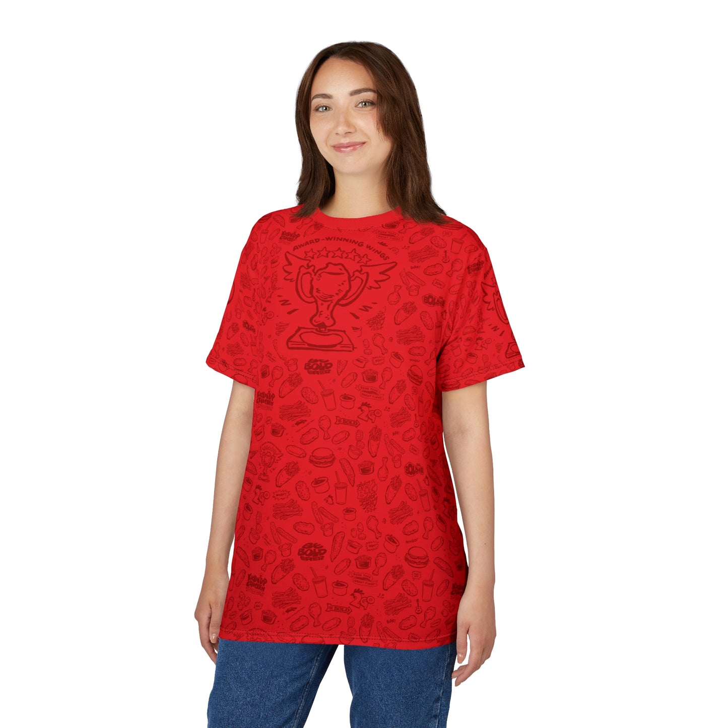 Dark Red on Red "Wings Pattern" Award-Winning Snack Theme Unisex Tee - Fun, Unique Apparel for Food Lovers