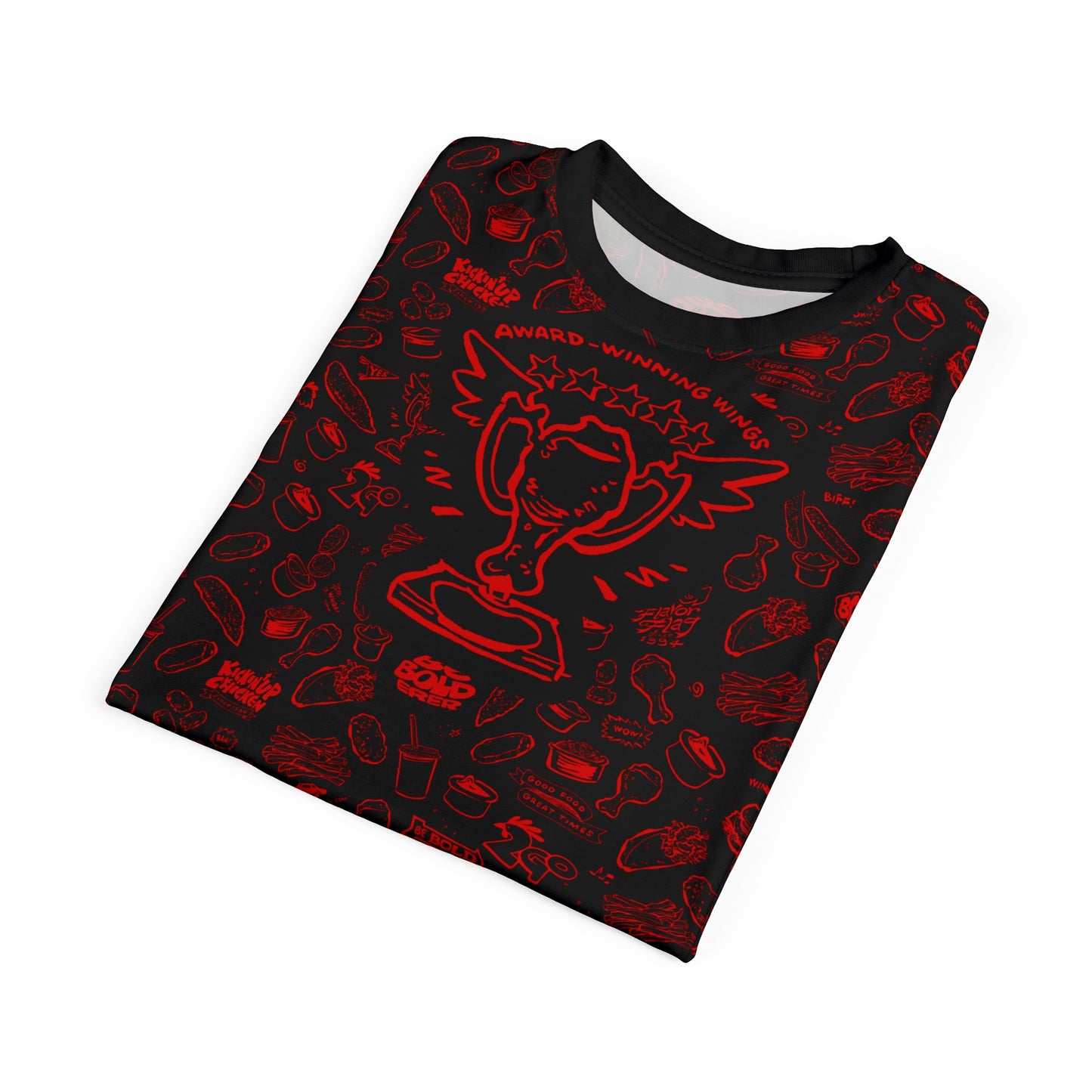 Red on Black "Wings Pattern" Award-Winning Snack Theme Unisex Tee - Fun, Unique Apparel for Food Lovers
