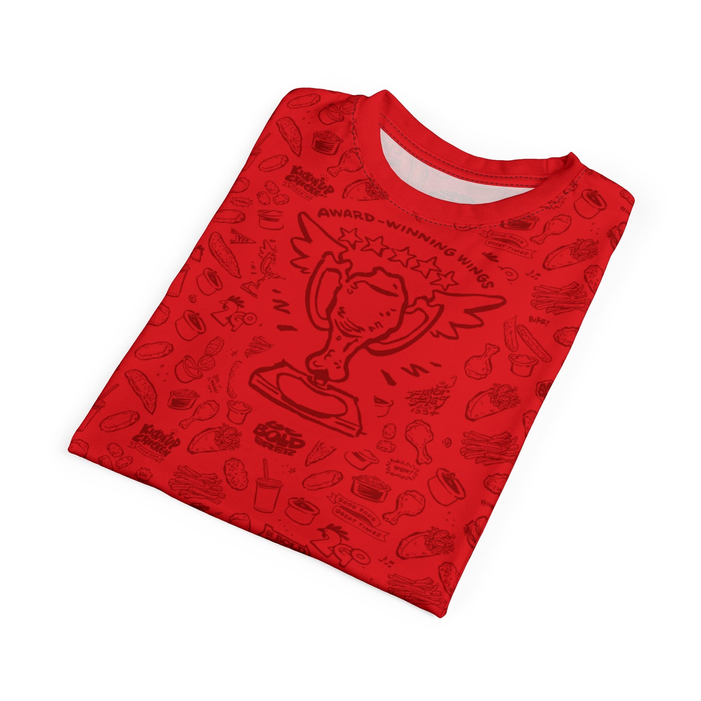 Dark Red on Red "Wings Pattern" Award-Winning Snack Theme Unisex Tee - Fun, Unique Apparel for Food Lovers