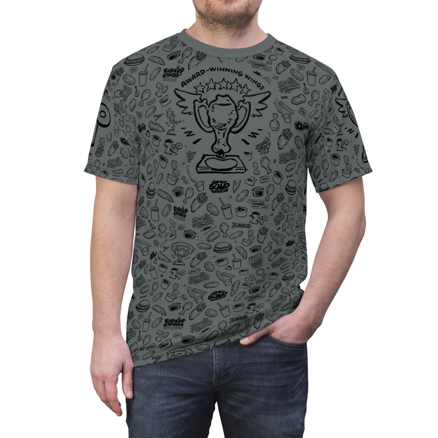 Black on Dark Gray "Wings Pattern" Award-Winning Snack Theme Unisex Tee - Fun, Unique Apparel for Food Lovers