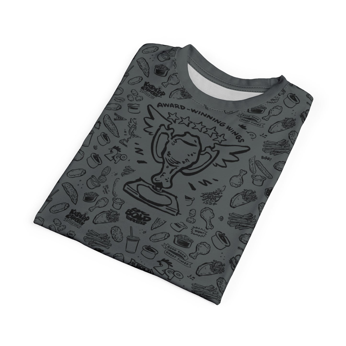 Black on Dark Gray "Wings Pattern" Award-Winning Snack Theme Unisex Tee - Fun, Unique Apparel for Food Lovers