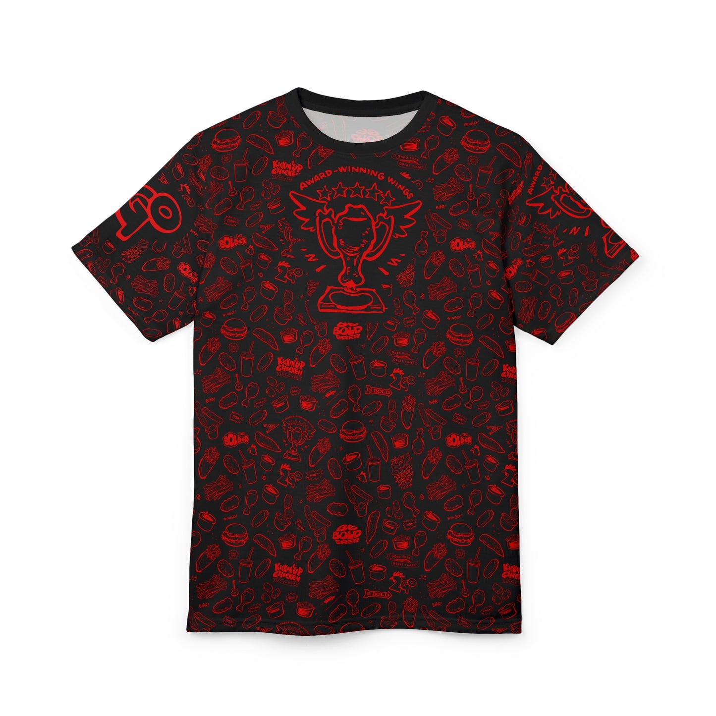 Red on Black "Wings Pattern" Award-Winning Snack Theme Unisex Tee - Fun, Unique Apparel for Food Lovers