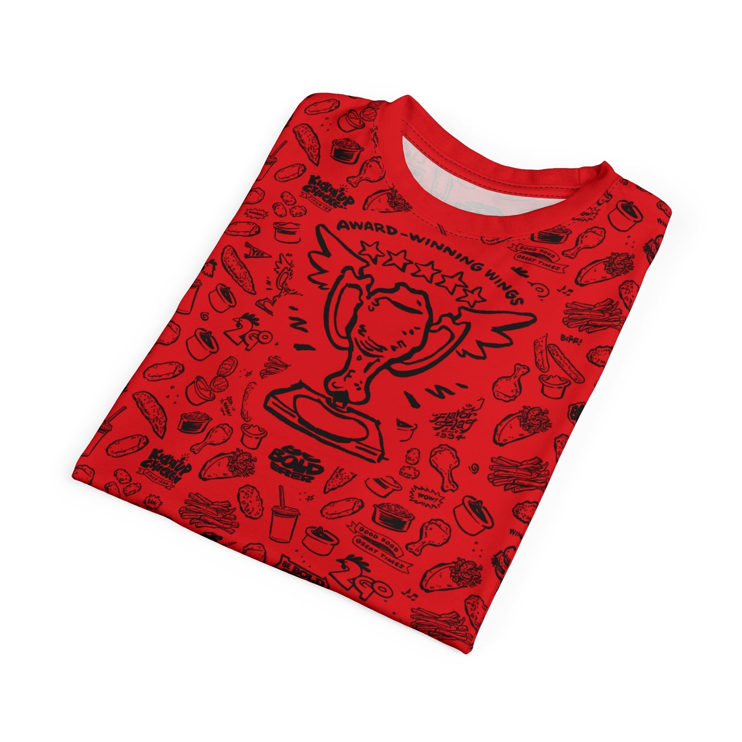 Black on Red "Wings Pattern" Award-Winning Snack Theme Unisex Tee - Fun, Unique Apparel for Food Lovers
