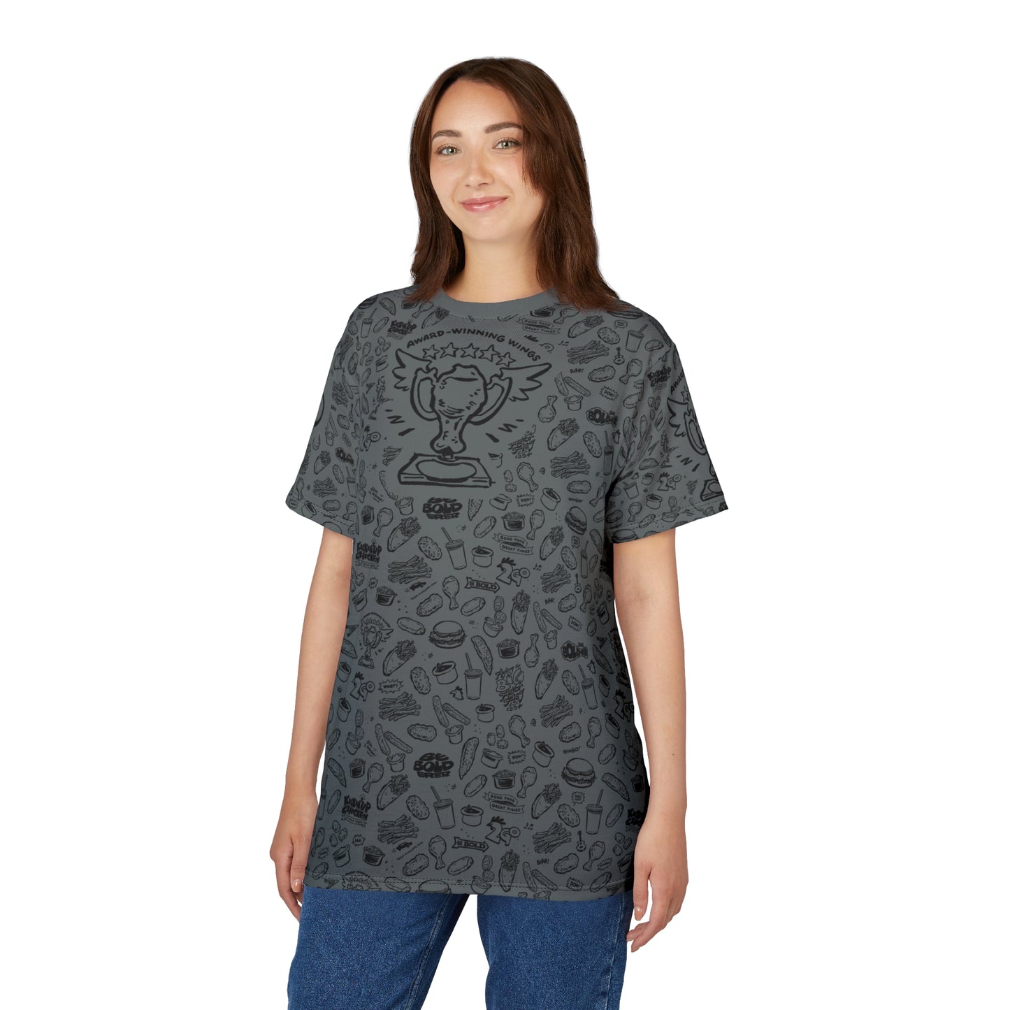 Black on Dark Gray "Wings Pattern" Award-Winning Snack Theme Unisex Tee - Fun, Unique Apparel for Food Lovers