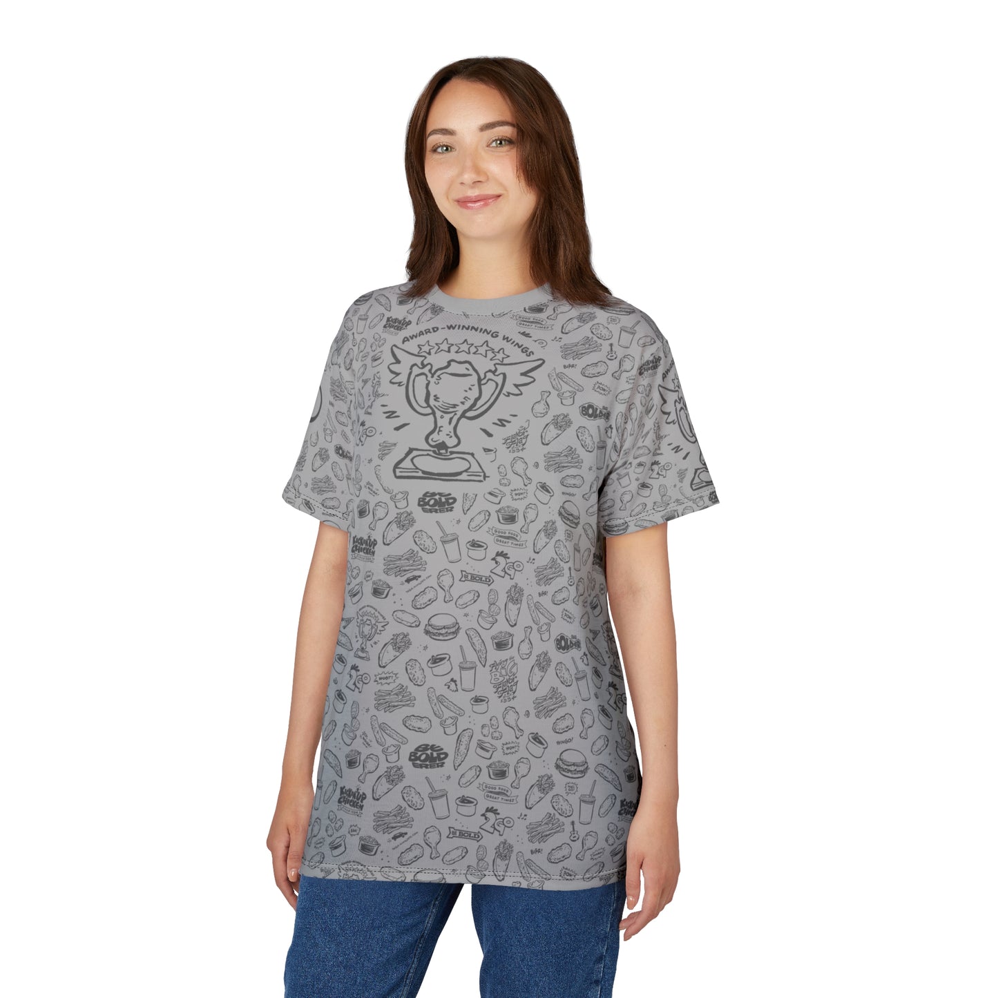 Med. Gray on Light Gray "Wings Pattern" Award-Winning Snack Theme Unisex Tee - Fun, Unique Apparel for Food Lovers