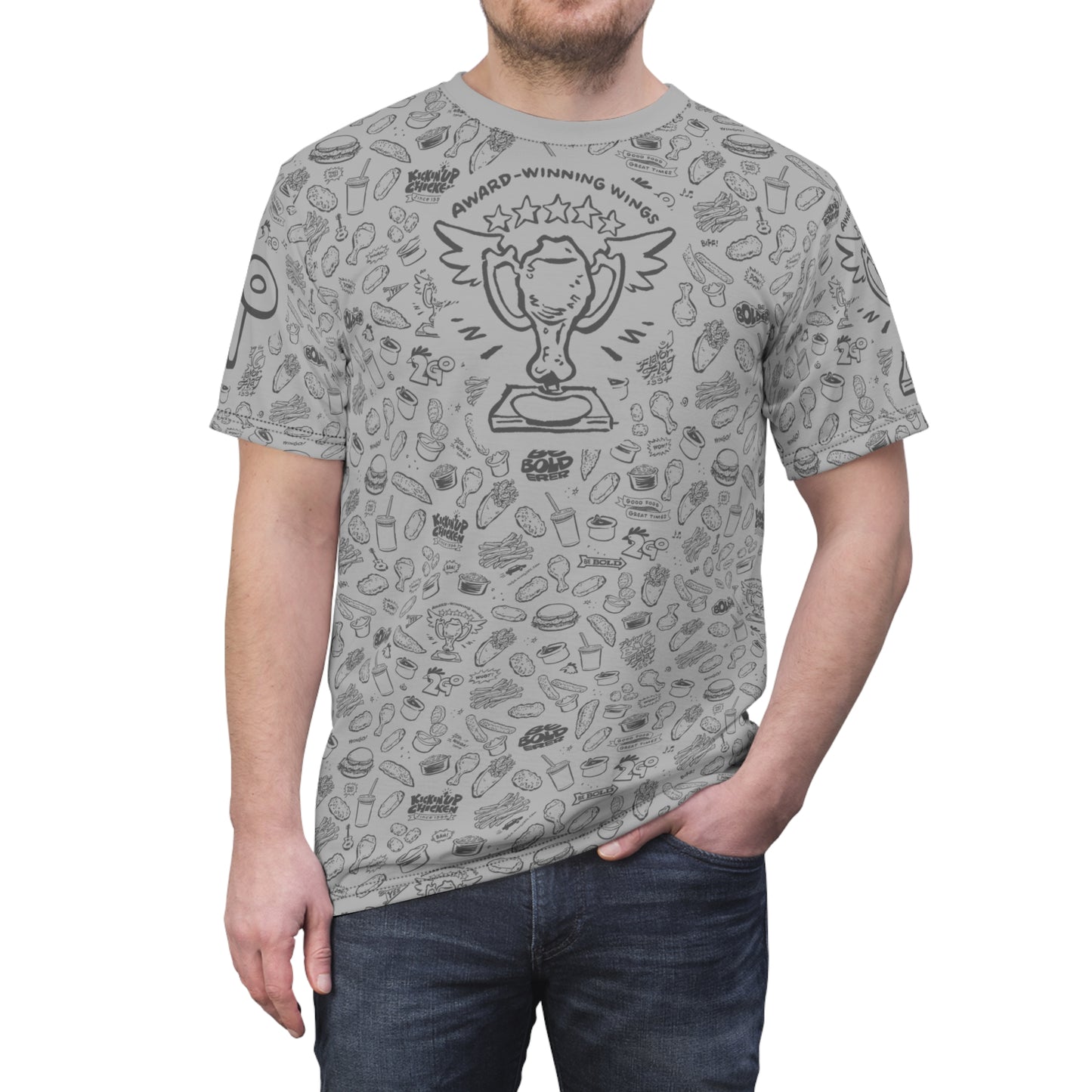 Med. Gray on Light Gray "Wings Pattern" Award-Winning Snack Theme Unisex Tee - Fun, Unique Apparel for Food Lovers