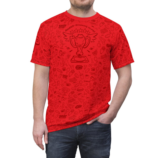 Dark Red on Red "Wings Pattern" Award-Winning Snack Theme Unisex Tee - Fun, Unique Apparel for Food Lovers